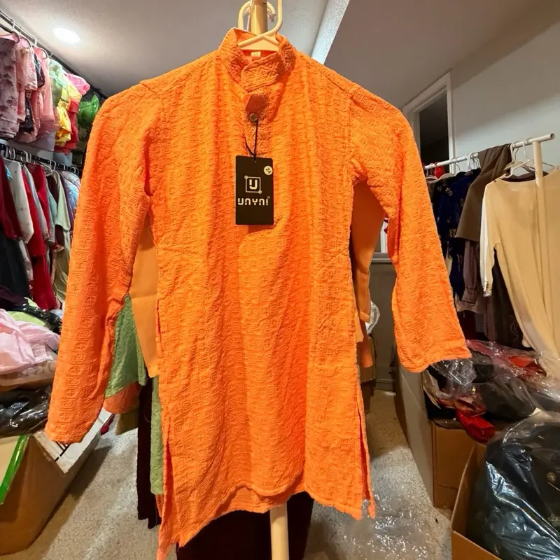 Boy’s UnyNi Orange Kurta - Vibrant Hue, Detailed Textured Embroider  Casual
