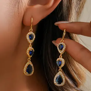 18K Gold Plated Navy Blue Sapphire Gemstone Teardrop Moon Design Symmetrical Long Dangle Earrings for Women Hypoallergenic Cubic Zirconia Elegant Chandelier Drop Statement Jewelry Gifts