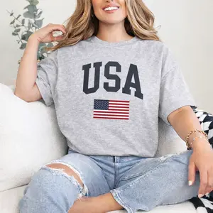USA T- Shirt Faded Vintage Style Aesthetic American Flag Crewneck 4th of July Trendy Retro Style USA Olympic Crewneck Unisex T-Shirt  Fitted