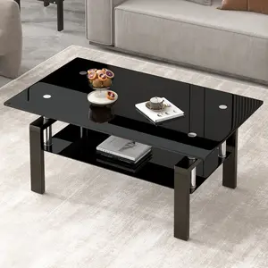 Tempered Glass Coffee Table with Metal Legs, Modern Rectangle Glass Coffee Table, 2-Tier Black Tempered Glass Tea Table for Living Room, Small Coffee Tables, Center Table with Ample Storage, 39.37'' x 23.62'' x 17.72''  (Black)