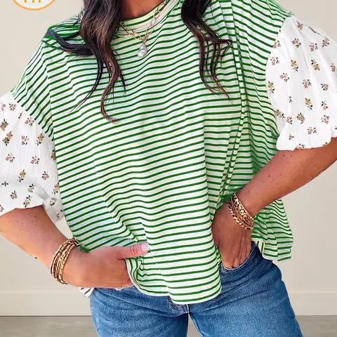 Women's Green Stripe Floral Puff Sleeve Patchwork Round Neck Loose Tops, Casual Patchwork Blouse, Loose Fit T-Shirts for Work and Summer Outings, T-shirt, Women's Tops, Shirts For Women