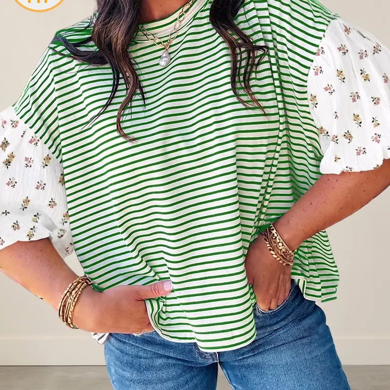 Women's Green Stripe Floral Puff Sleeve Patchwork Round Neck Loose Tops, Casual Patchwork Blouse, Loose Fit T-Shirts for Work and Summer Outings, T-shirt, Women's Tops, Shirts For Women