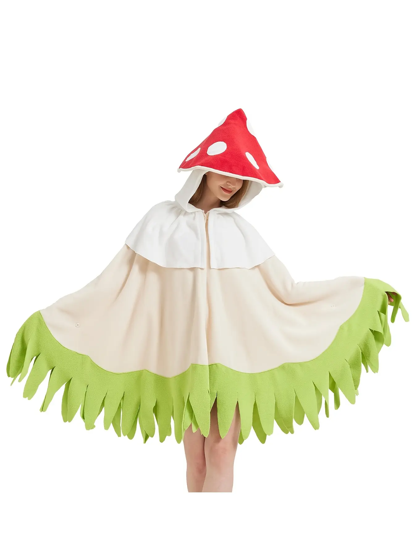 Women's Grass-Edged Red Mushroom Cape, Classic Columbia Costume Accessory for Rocky Horror Halloween Cosplay Outfits, Accessories, Fitted, Casual, Clothes, Thanksgiving, Crew Neck, Knitting, Valentines Day, Grass Edge Trim Womenswear Crewneck, Chinese New