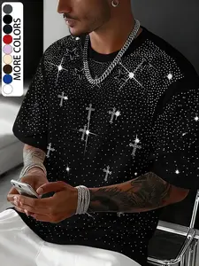 Unisex Rhinestone Cross Pattern Round Neck T-Shirt Top, Urban Streetwear Style Glam Design, Shiny Fashion for Daily Wear and Night Out, Casual Long Fitted Tee