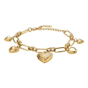 Heart Photo Locket Bracelet for Women, Gold Stainless Steel Paperclip Chain Adjustable Bracelet with Picture Inside Charm, Gift for Mom Wife Girlfriend