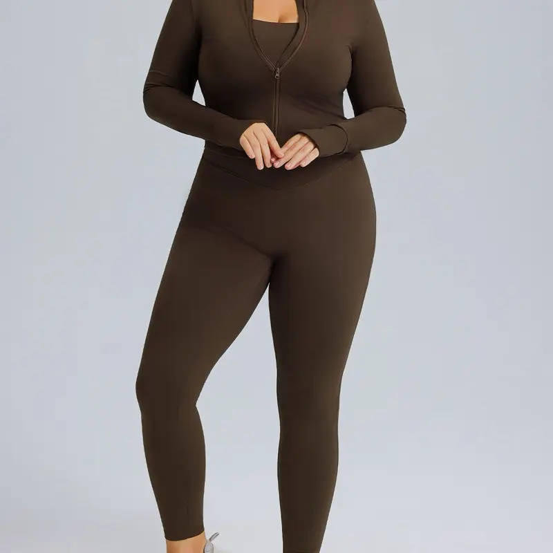 Plus Size Two Piece Gym Sets - Brown Long Sleeve Top & High Waist Leggings for Comfortable Workouts