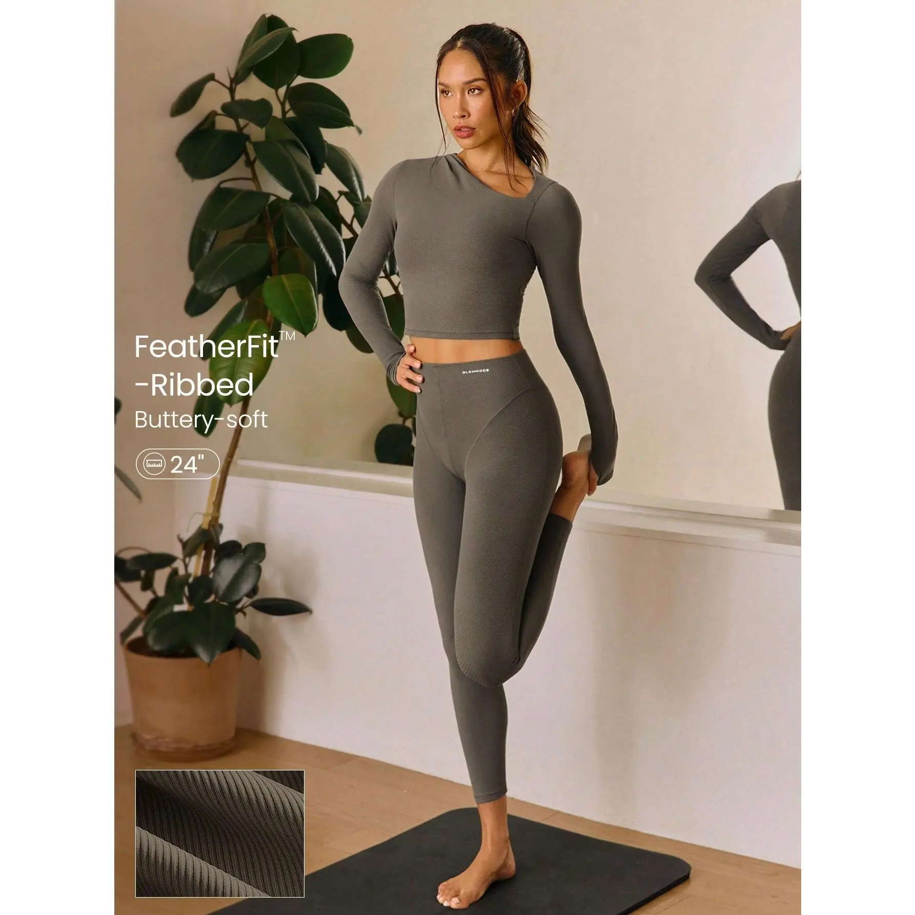 GLOWMODE 24" FeatherFit™ Soft Stretchy Ribbed Seam-Dividing Design Leggings Low Impact Yoga Pilates Studio Daily Casual Wear