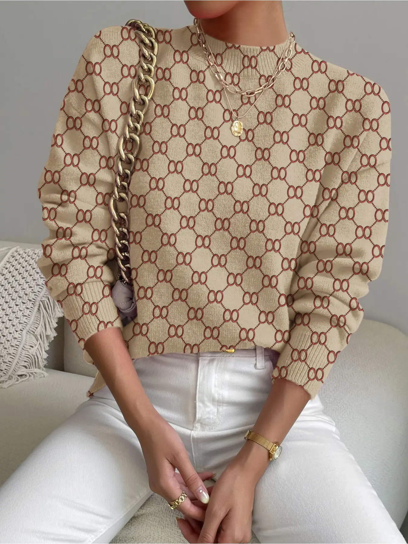 Women's Geometric Print Stand Collar Fitted Short Sweater, Casual Long Sleeve Knitwear for Fall Winter, Comfortable Warm Daily Wear Tops, Collared Knit Top, Casual Fashionable Top, Womenswear, Clothes, Piece