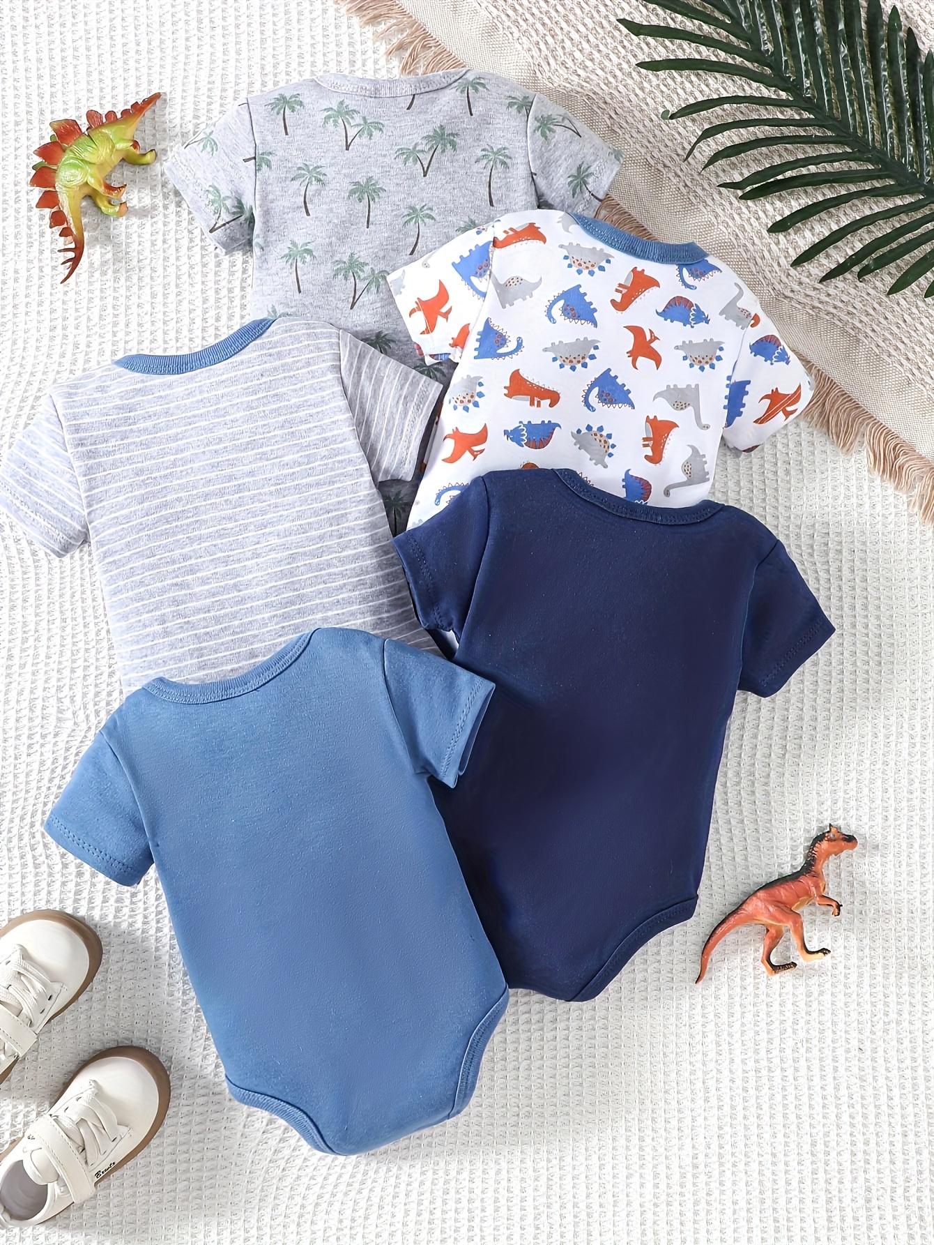5-piece set of baby boy jumpsuit, baby cotton short sleeved dress, and essential clothing items suitable for baby boy's cartoon dinosaur sports style