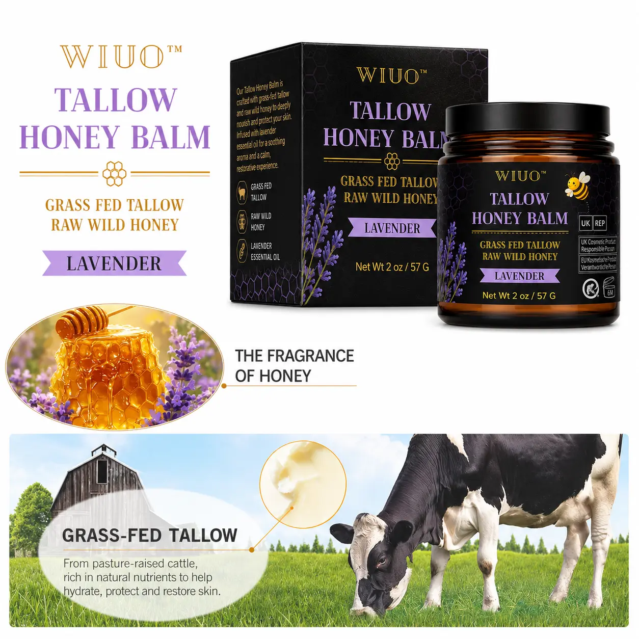 Organic Grass-Fed Beef Tallow Balm with Raw Honey & Lavender, Deep Moisturizing Balm for Dry & Rough Skin, Lightweight Non-Sticky Body Balm, Natural Skin Barrier Support for Face, Hands & Body, 2 oz