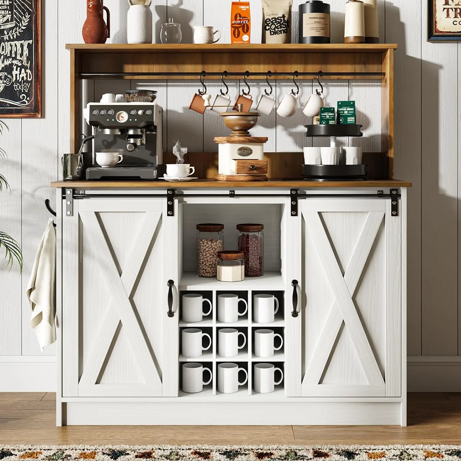[Summerwins] HOMBCK Farmhouse Coffee Bar Cabinet with 6 Hooks, 47''Hutch and 9 Wink Racks, with Sliding Barn Door ,for Dining Living Room #summer garden,fathers day gift ideas