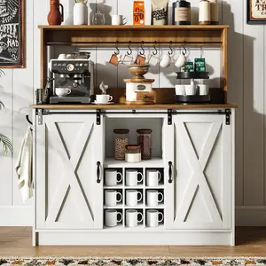 HOMBCK Farmhouse Coffee Bar Cabinet with 6 Hooks, 47''Hutch and 9 Wink Racks, with Sliding Barn Door ,for Dining Living Room