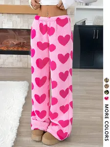 Flannel Material Fleece Lined Warm Fitted Full Print Sweatpants, Street Style Casual Fashion Womenswear, Leopard Heart Camouflage Pattern, Valentine's Day