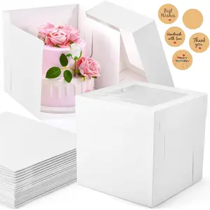 12 count Cake Boxes, 10x10x10 Inches Tall Cake Boxes with Window, White Disposable Tier Cake Containers for Pastries, Pie, Cookies, Chocolates, Cupcakes, Birthday Party, Wedding Bakery Boxes
