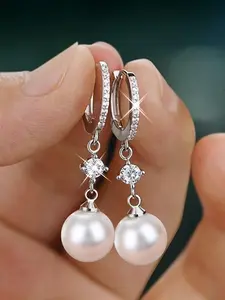 1 Pair Faux Pearl Pendant & Rhinestone Decorated Dangle Earrings, Elegant Jewelry for Party, Trendy Daily Clothing Decor for Girl, Lady's Anniversary Birthday Jewellery Gift, Versatile Earrings