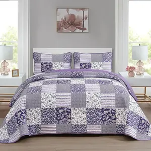 WONGS BEDDING Purple Quilt Set Queen Size,3 Pieces Boho Floral Plaid Bedspread Coverlet Set for All Season,Patchwork Reversible Bedding Set Queen 90"x96" soft plaid