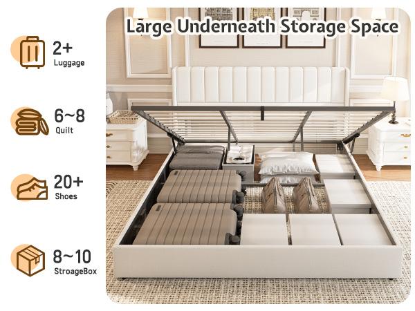AMERLIFE Lift Up Storage Bed Frame, Linen Upholstered Platform Bed with Vertical Channel Tufted Headboard and Wingback, Hydraulic System, No Box Spring Needed, Wood Slats Support/Best Gift Ideas/Christmas Gifts