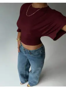 Casual Solid Color Batwing Sleeve Cropped T-Shirt, Summer,Brown Top Formal Occasion, Special Occasion Re-Wearable Butterfly Sleeve Comfortable Soft Breathable