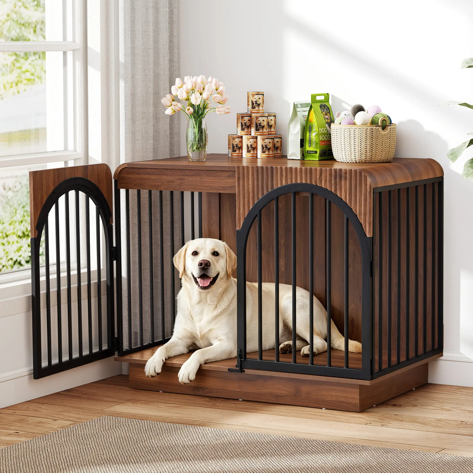 Giratree 39.3" Fluted Wooden Dog Crate Furniture, Mid-Century Modern Indoor Dog Kennel Dogs Cage for Medium/Large Dogs, Heavy Duty Dog Crates Decorative Pet House for Living Room