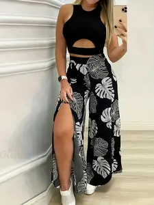 Two Piece Set, Cut Out Crew Neck Crop Tank Top & Leaves Print Split High Waist Pants For Spring & Summer, Women's Clothing