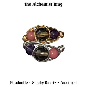 Alchemist Crystal Ring Transformation Healing Emotional Strength Amethyst Rhodonite Smoky Quartz Spiritual Jewelry for Growth Resilience