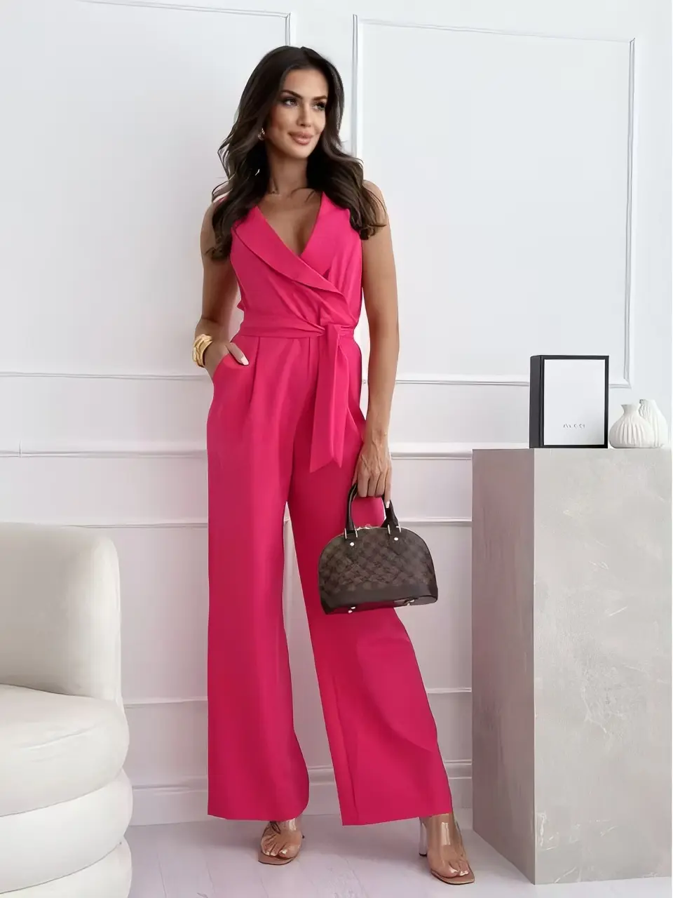 Elegant Pink Jumpsuit with Wrap Design and Wide Leg Style for Women
