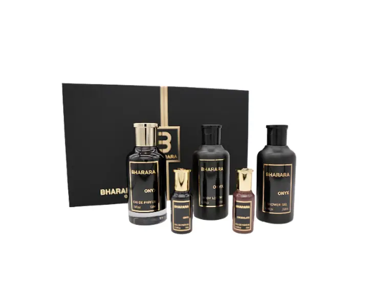 Bharara Onyx Gift Set M ( Perfume Spray 3.4oz , BL 6.7oz , SG 6.7oz , Perfume Spray 0.3oz , Bharara Chocolate 0.3oz )
