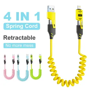 Four in one 65 watt smart quick charge fast charging cable, retractable spring design, ultra fast power transmission, data synchronization, multi port type c portable compatible with iPhone, iPad, Samsung, Xiaomi, Huawei, etc OPPO