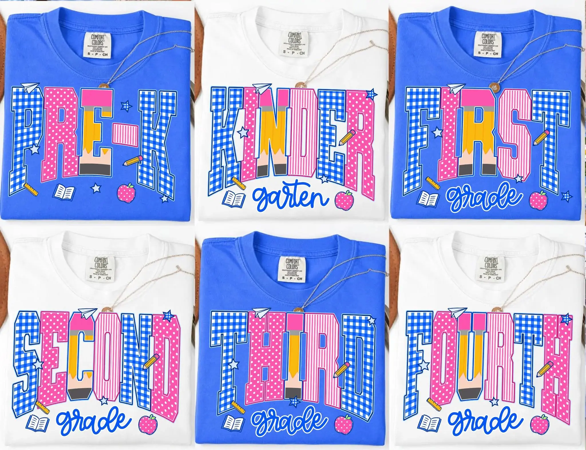 Comfort Colors Preppy Back To School Shirt, Blue Gingham Stripes Tee, Pre-K To Fourth Grade Apparel, Teacher Pencil Wear, First Day Of School School Girl Tshirt