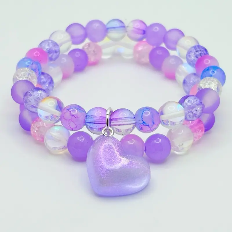 Dope Jewelry Co Lavender Iridescent Heart Bracelet Set Dreamcore Pastel Beaded Jewelry Dopamine Stack for Trendy Accessories