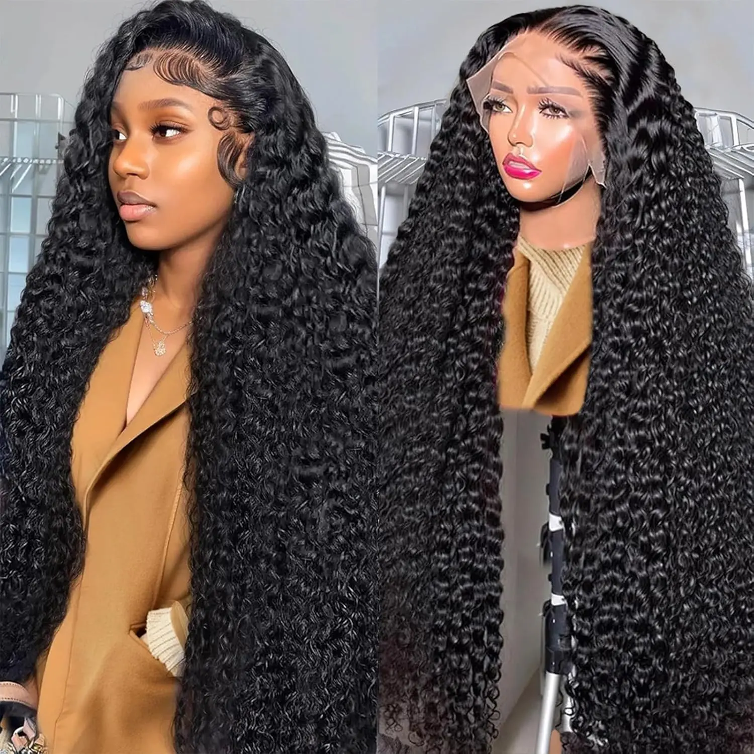 Anyweek 250% Density Curly Human Hair Wigs 13x6 HD Transparent Lace Frontal Wigs Brazilian Deep Curly Pre Plucked Human Hair Wigs Deep Wave Lace Frontal Wigs for Women
