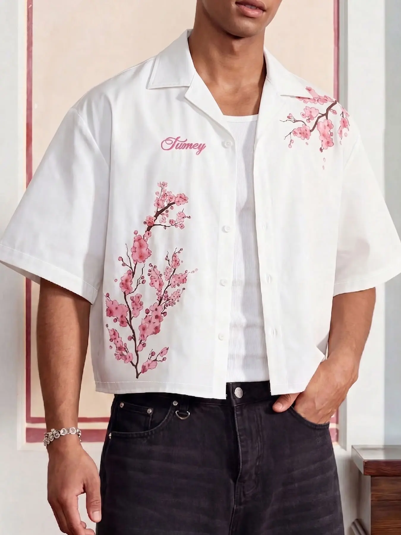 Men's Short Sleeve Blouse, Casual Street Style, Floral Cherry Blossom Print, Loose Fit, Trendy Fashion, Outdoor Wear, Fresh and Simple Design