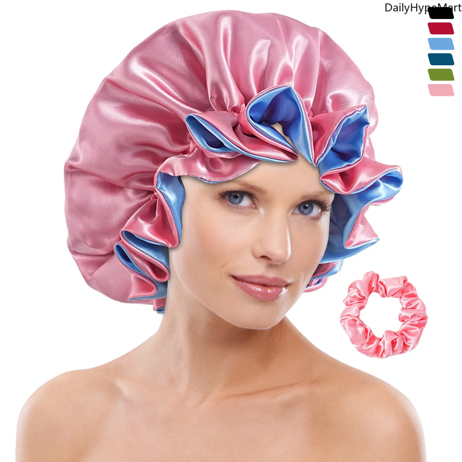 Double Layer Satin Bonnet with Lace Trim - Wide Band PVC Sleep Cap for Hair Protection, Funky Romantic Ethnic Peppy Retro Fashion Casual Adult Headwear