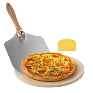 summervibes VEVOR Pizza Stone, 15 in Round Pizza Stone, 0.67 in Large Cordierite Baking-Stone with Metal Peel, Scrape, 1450 Heat-Resistant Cooking Stones, for Kitchen Oven, Baking Pizzas, BBQ Grilling, Kitchen Gadgets