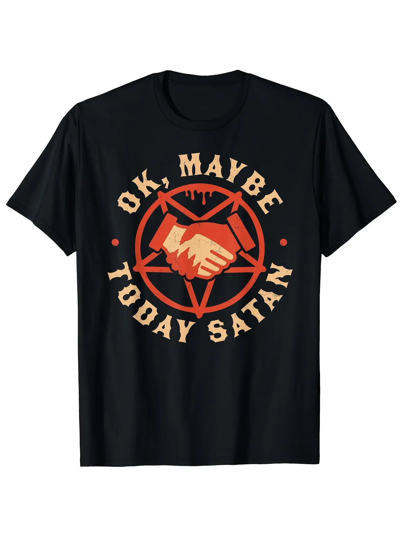 Men's & Women's 180g Heavyweight Cotton Gothic T-Shirt - "OK Maybe Today Satan" Satan Print with Clasped Hands & Pentagram - Regular Fit Casual Streetwear Tee for Dark Fashion Unisex Round Neck Short Sleeve Shirt