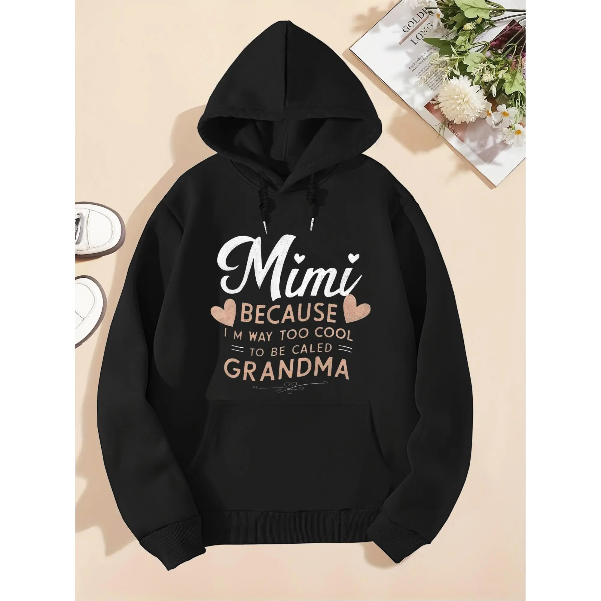 Women's Cute Mimi Grandma Graphic Hoodie Sweatshirt - Heart Design, Playful Lettering, Ribbed Longsleeves, Fitted Casual, Drawstring, Kangaroo Pocket, Smooth Fabric, Everyday Wear for Spring, Fall, Lady, Clothes