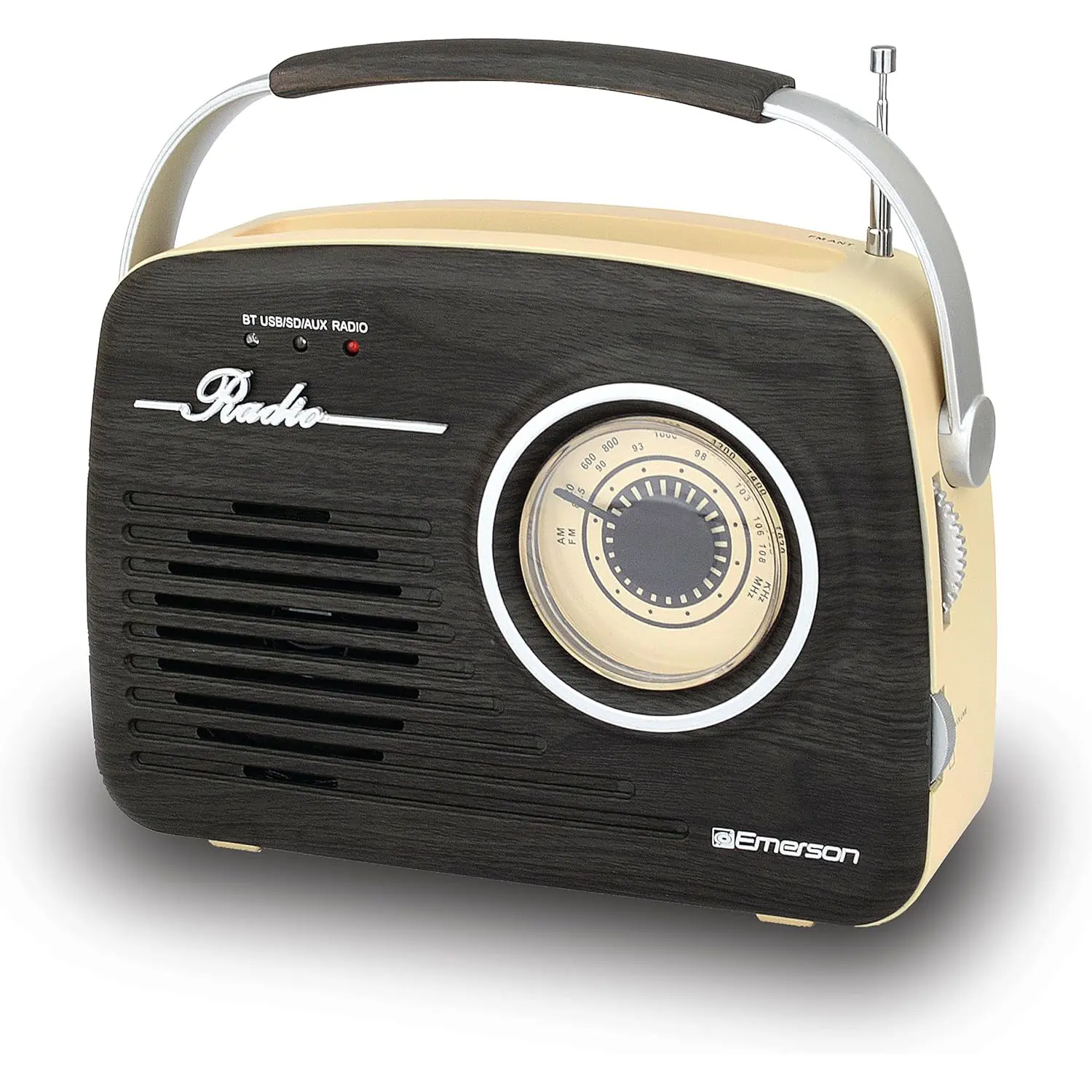 Emerson EAS-3002 Portable Wireless Bluetooth Audio Speaker - Vintage Retro Radio with AM/FM Tuner, USB/AUX Inputs, Rechargeable Digital Player (Espresso), Card