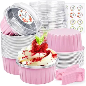 30Pcs 5oz Disposable Aluminum Foil Mini Cake Pans with Lids and Spoons, Mini Loaf Pans Small Baking Cups Pie Tins Muffin Pans Cheesecake Containers for Party Pink Round