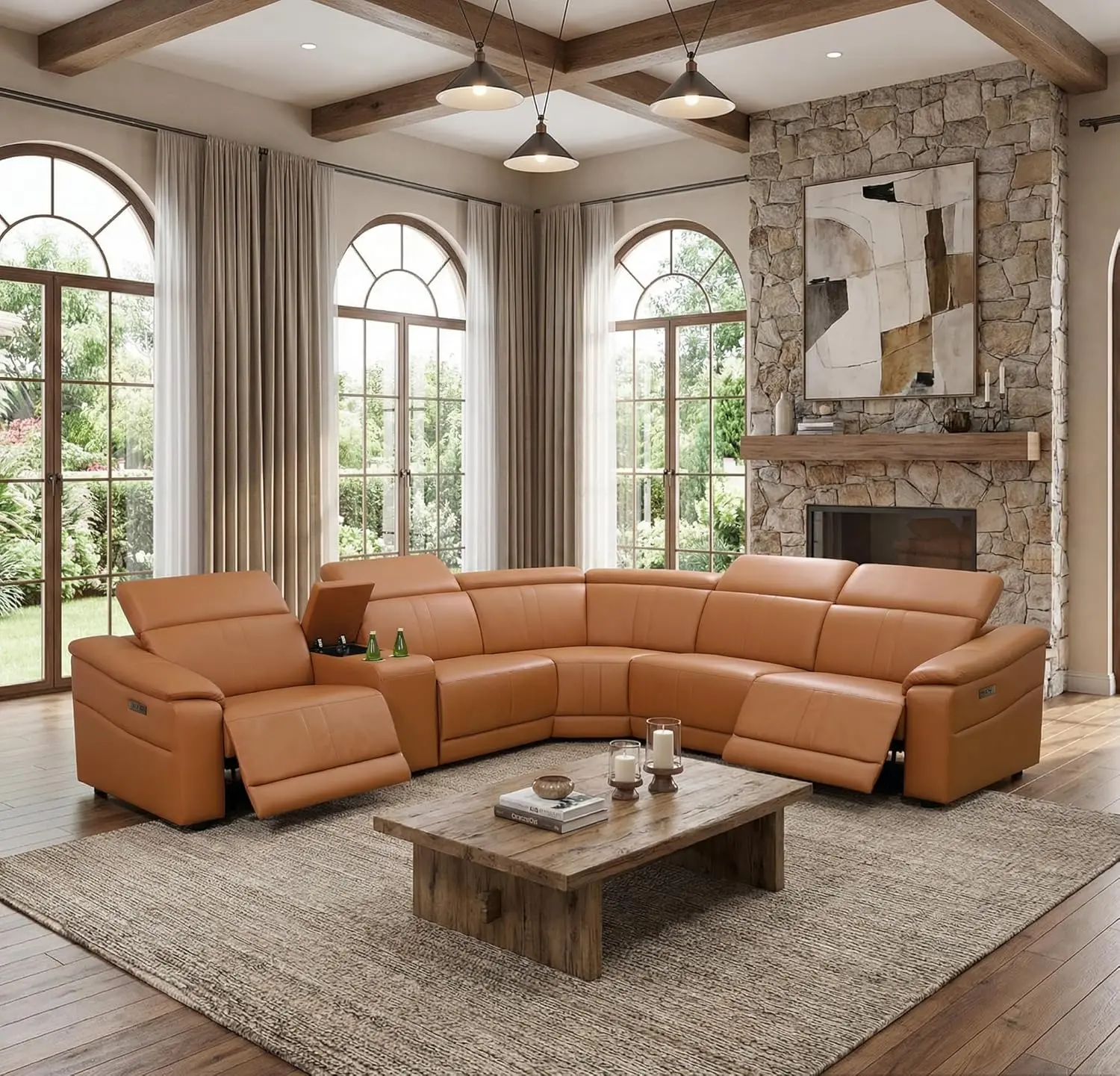 Power Recliner Sectional Couch, Breathing Leather Living Room Furniture Set, Reclining Corner Sectional Sofa with Storage Console/Cup Holders for Home/Office