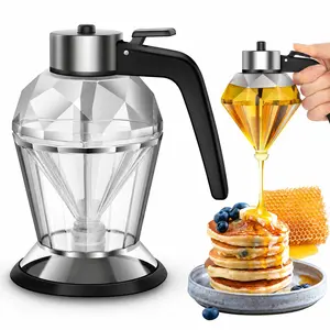 Creative Push-Type Honey Jar, Diamond Shape Clear Glass Syrup Dispenser with Base, 7oz Leak-Proof Container for Coffee, Tea, Maple Syrup, Olive Oil