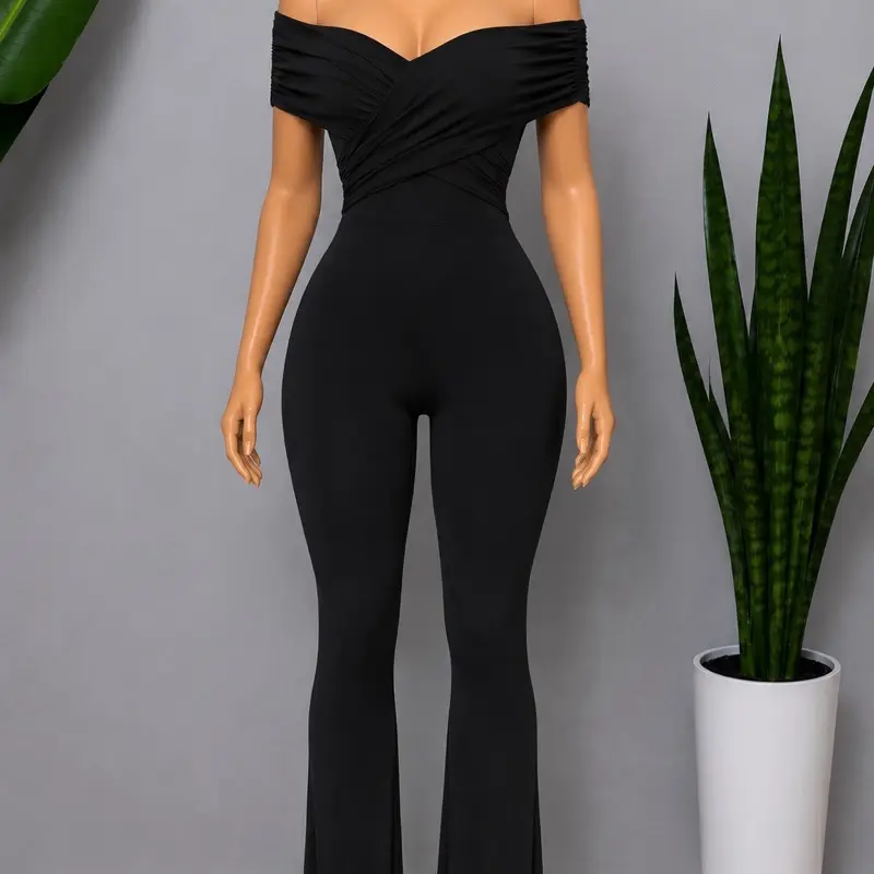 Off-Shoulder Bell Bottom Jumpsuit - Black One-Piece Good Stretch Versatile Fit Elegant Design Ideal for Various Occasions Stylish Sophisticated