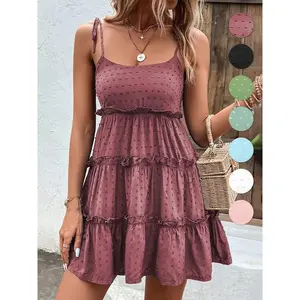 Women’s solid Swiss dot ruffle-hem cami capri sundress; bohemian casual tie-shoulder ruffle short retro dress; beach resort women’s summer wear; women’s clothing; bohemian summer wear GARMENTARY