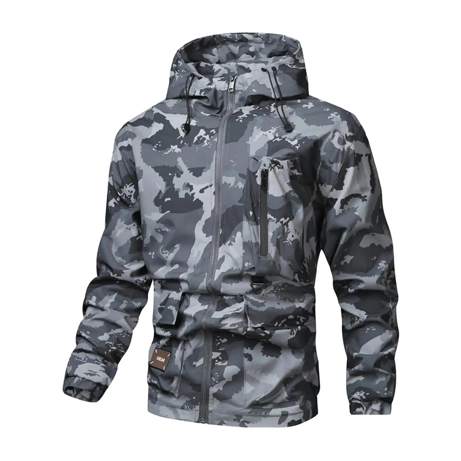 Men's Casual Camo Print Jacket, Waterproof Hooded Fall Tops with Drawstring, Zippers & Pockets - Woven Fabric, Cold Wash, Stylish, Regular, Zip-Up Coat, M, Men's Lightweight Jackets, Adjustable Hood Men's Lightweight Jackets