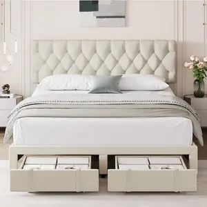 【Christmas Gift】Queen Size Upholstered Platform Bed Frame with Storage Drawers Mattress Foundation with Solid Wooden Slats No Box Spring Needed Beige