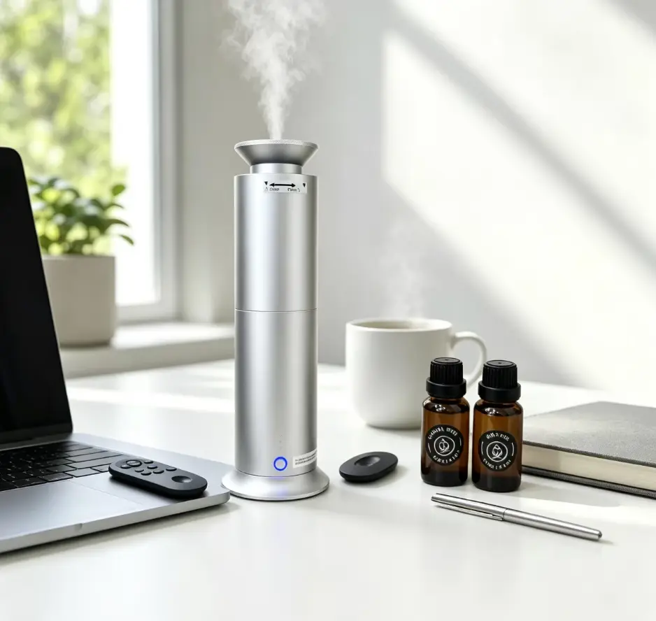 Waterless Essential Oil Diffuser Aluminum Tower Aroma Nebulizer with Remote Control 2 4 8 Hour Timer 3 Mist Modes Cool Mist Fragrance Air Freshener for Home Bedroom Office Silver aromatherapy machine desktop decor sq ft coverage