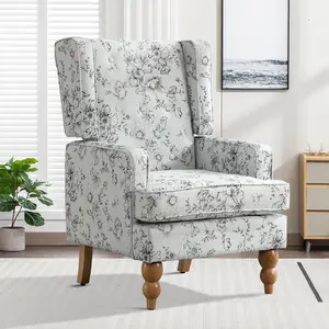 [Back to School]CANMOV Floral Accent Chair Wingback Living Room Chair,Modern Button Printed Fabric Upholstered Armchair with Sturdy Wood Legs and High Back for Reading in Bedroom Office Study