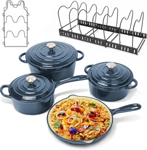 Uniflasy Navy Blue Enameled Cast Iron Cookware Set - 7-Piece Dutch Oven, Sauce Pan & Skillet with 3 Lids, PFOA-Free Ceramic Coated, Heavy Duty Construction, Gas/Induction/Oven Safe Casserole