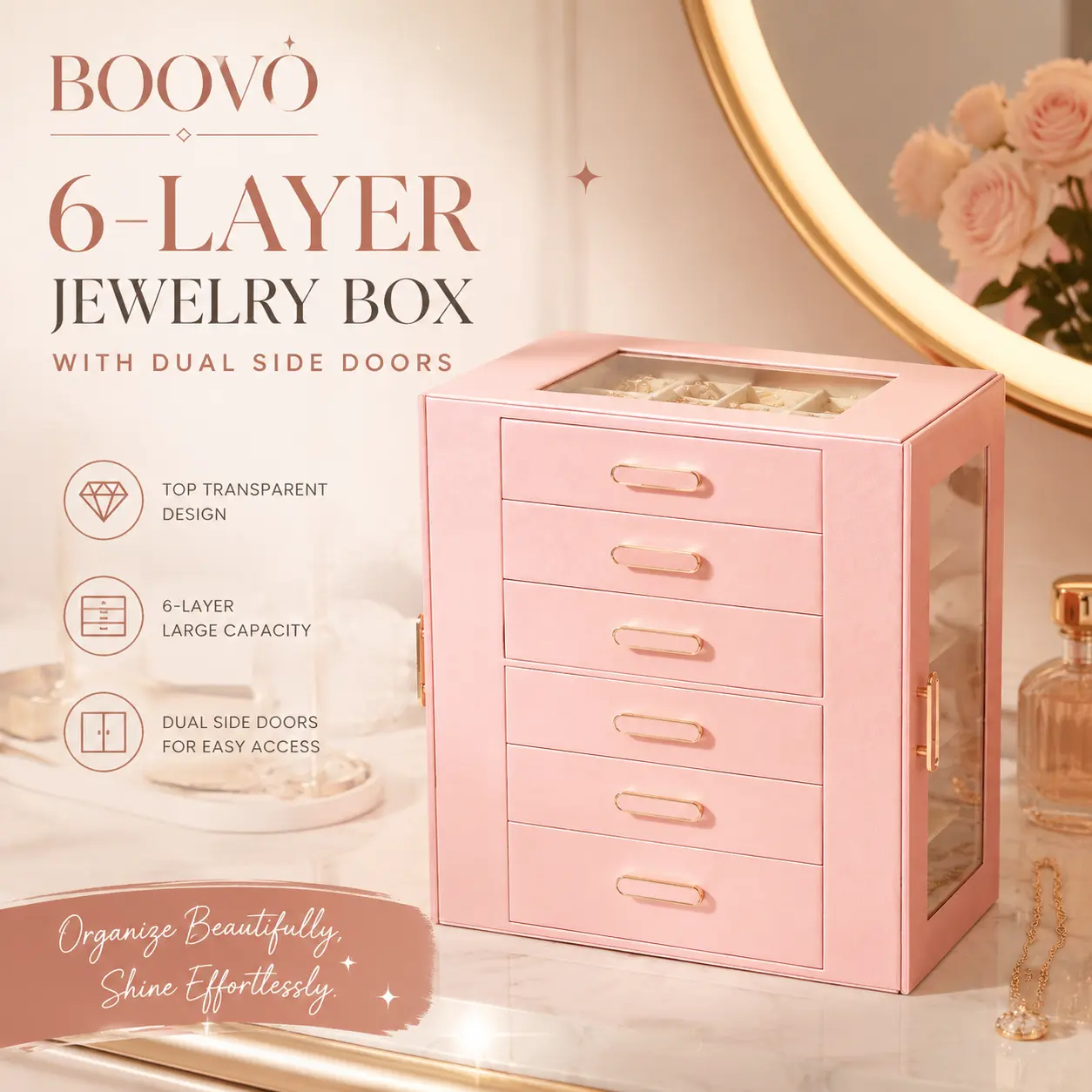 BOOVO Rose Gold Modern Rectangular Large Glass Lid 6-Layer Antitarnish Dustproof Lockable Multi-Jewelry Organizer Cabinet - Double-Side Doors, Key Lock, Large-Capacity Vanity Storage Box for Women’s Bedroom