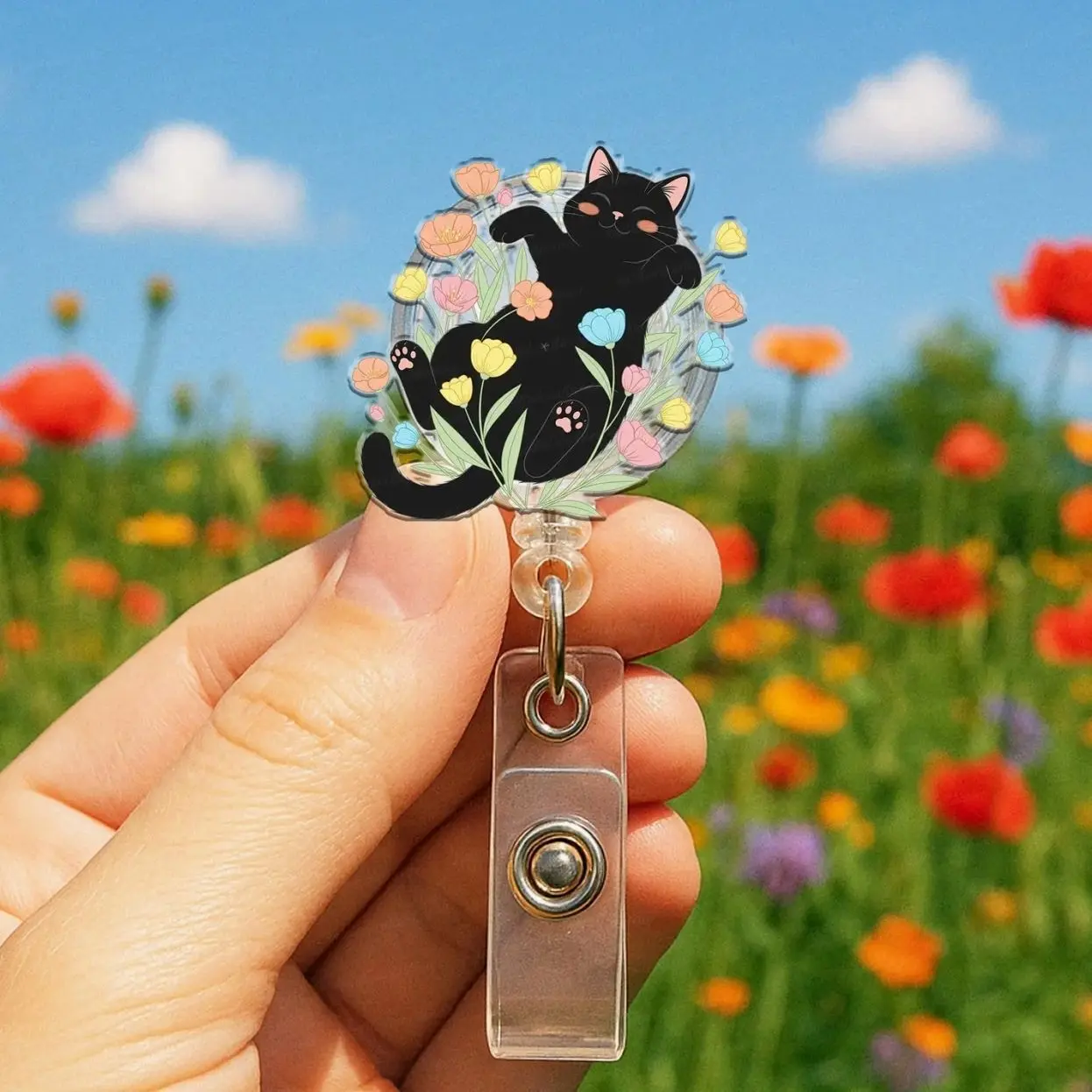 Black Cat Floral Badge Reel, Cute Cat ID Holder, Black Cat Name Badge, Cat Nurse Gift, Vet Tech Accessories