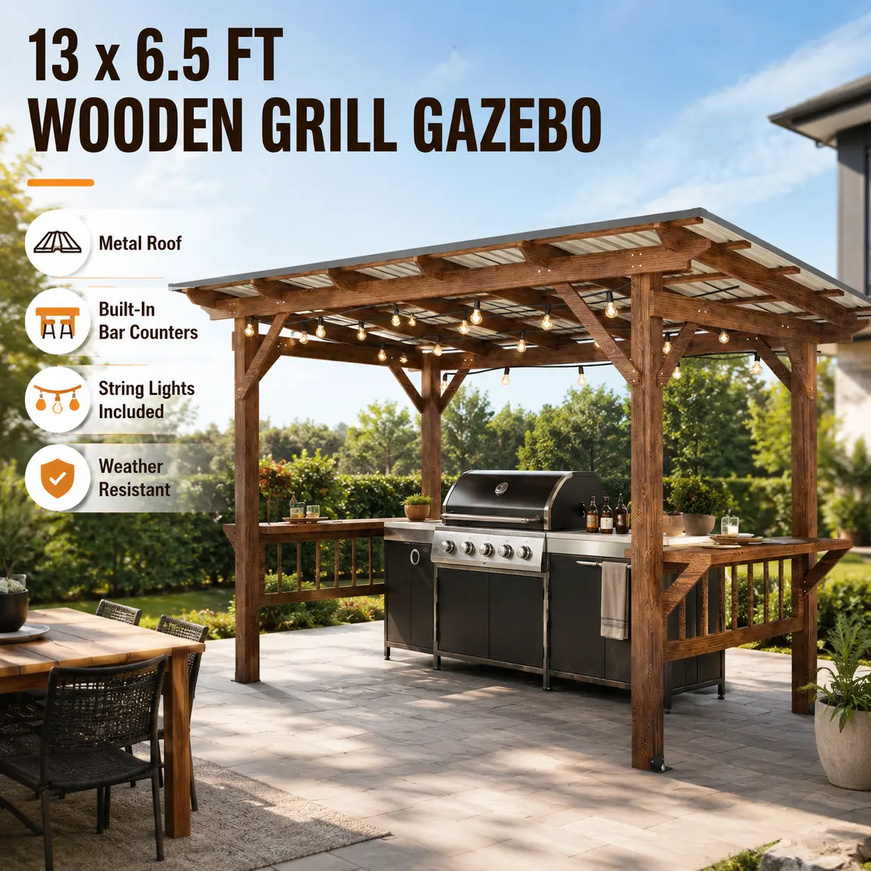 13x6.5 ft Wooden Grill Gazebo - Outdoor Pergola with Metal Roof, Bulbs, Bar Counters, Sun Protection, Sturdy Weather-Resistant Deck Canopy for Family Dinners, Food Prep, Drinks Storage, Backyard